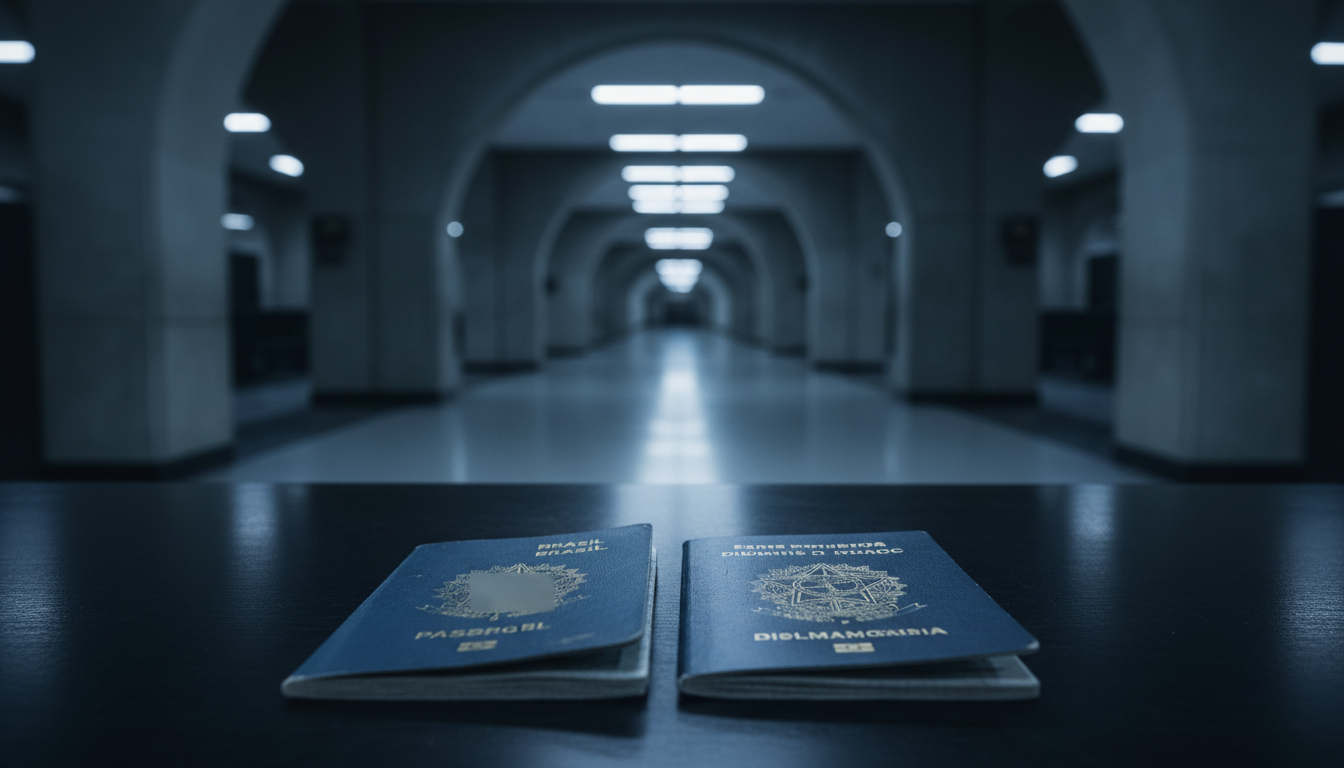Imagem ilustrativa de passaportes brasileiros sobre uma mesa em ambiente institucional, com corredor da Polícia Federal desfocado ao fundo.