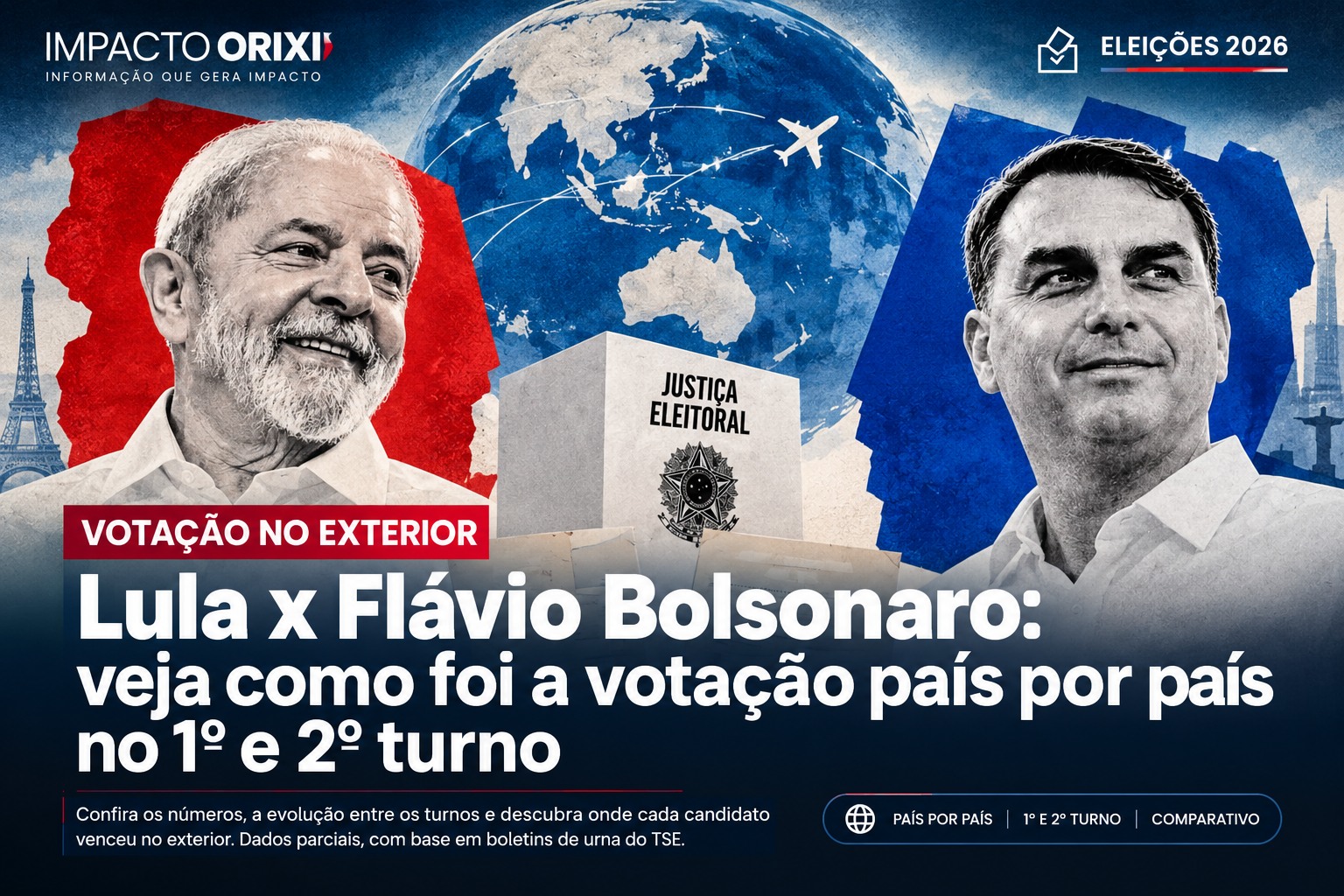 Capa jornalística com Lula e Flávio Bolsonaro, mapa-múndi e chamada para comparação do 1º e 2º turnos.